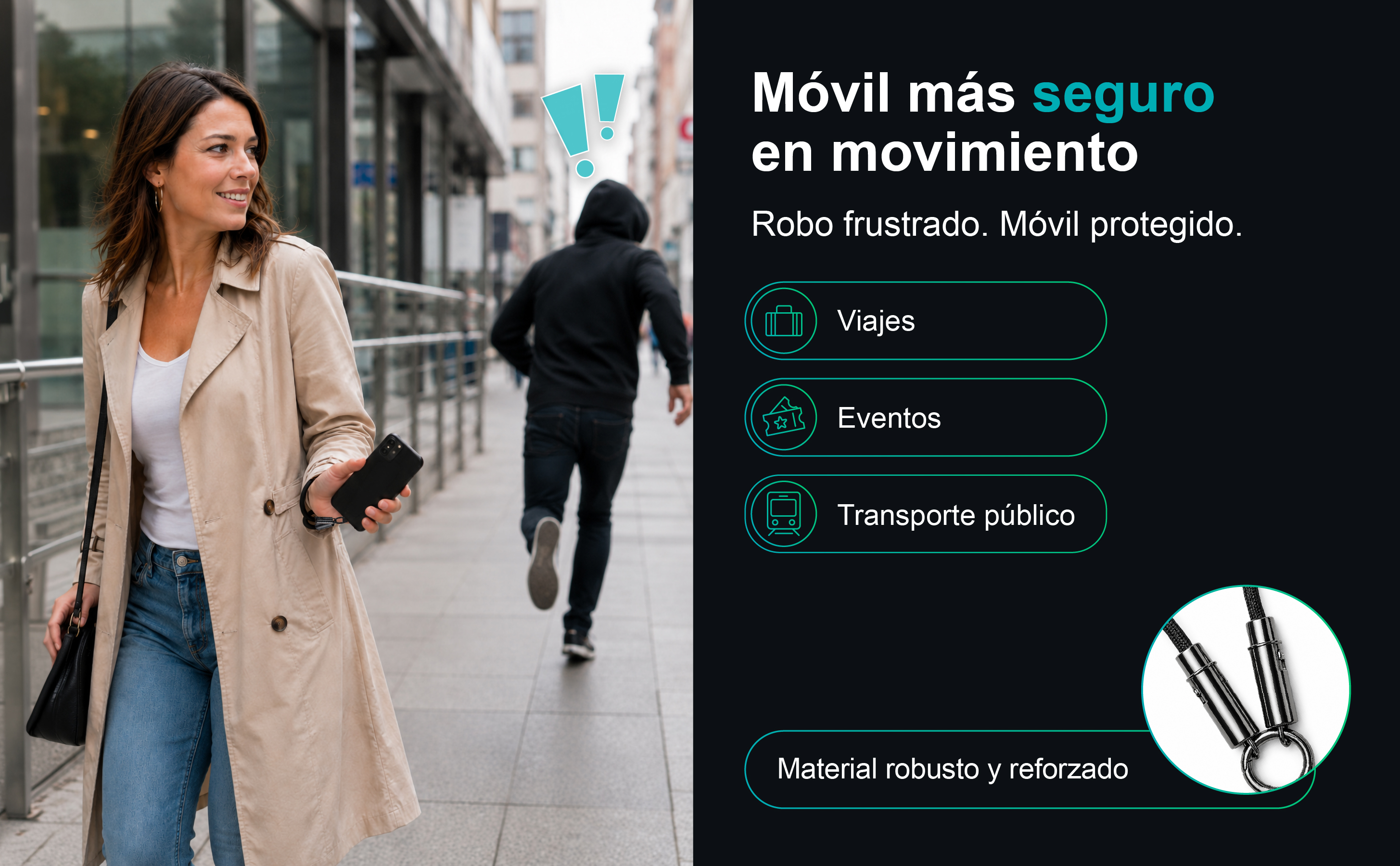 Una donna cammina con un telefono, un ladro corre dietro.