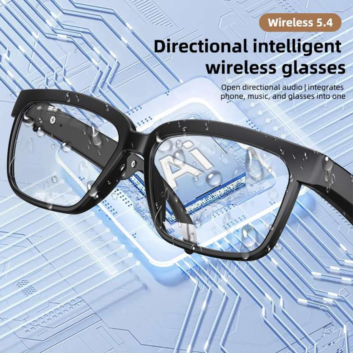 Intelligente kabellose Brille mit gerichteten Lautsprechern und KI-Symbol.
