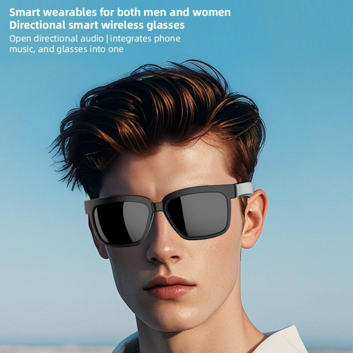 Mann trägt schwarze Smart-Brille mit weißen Akzenten. Blauer Himmel im Hintergrund.