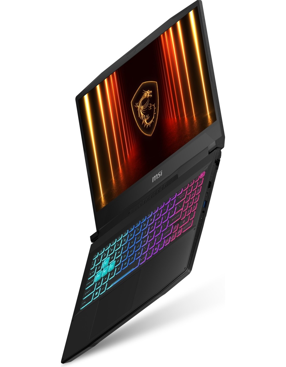 Ekranında ejderha logosu ve aydınlatmalı klavyeye sahip siyah MSI laptop.