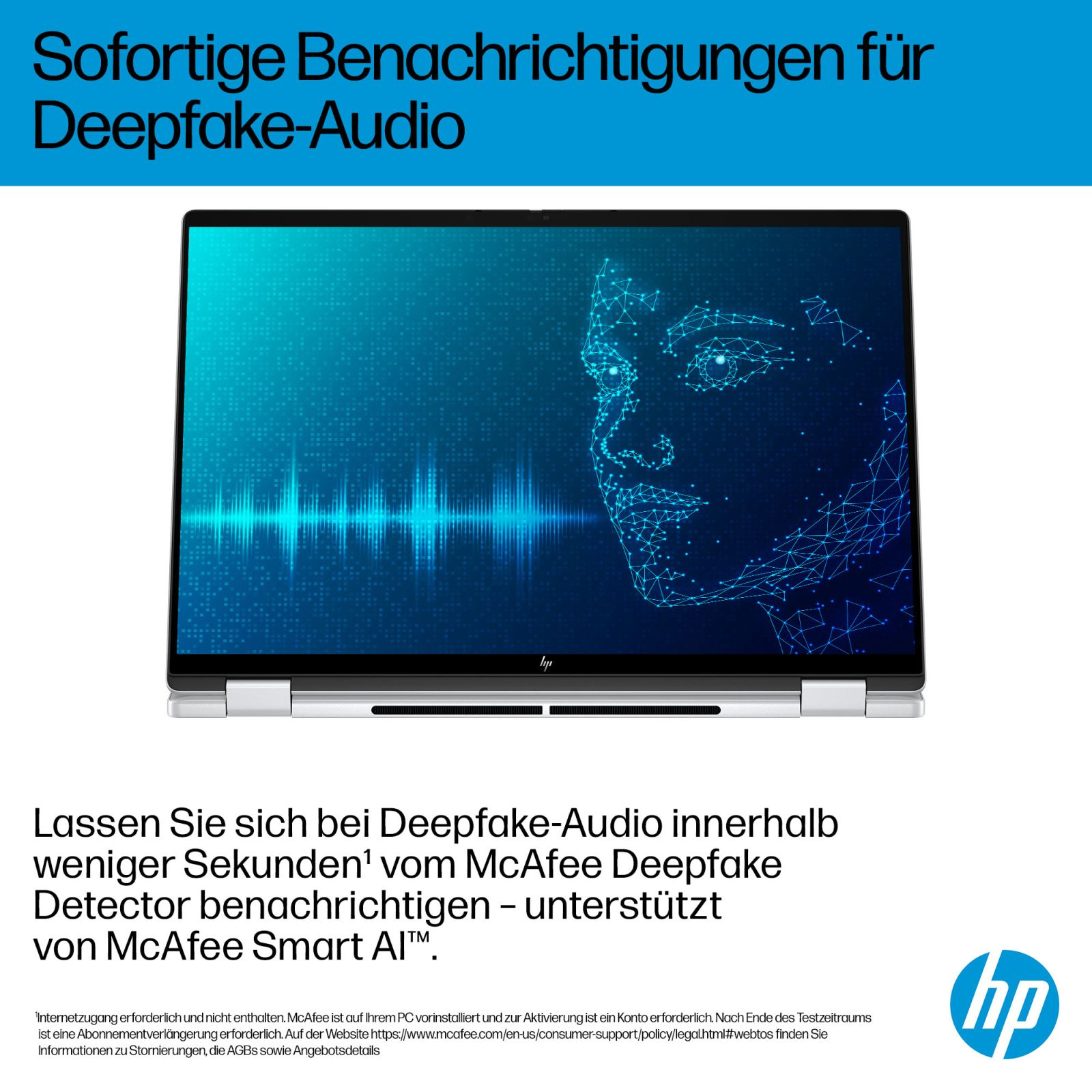Ekran laptopa pokazuje cyfrowe oblicze i falę dźwiękową. Widoczne logo HP.