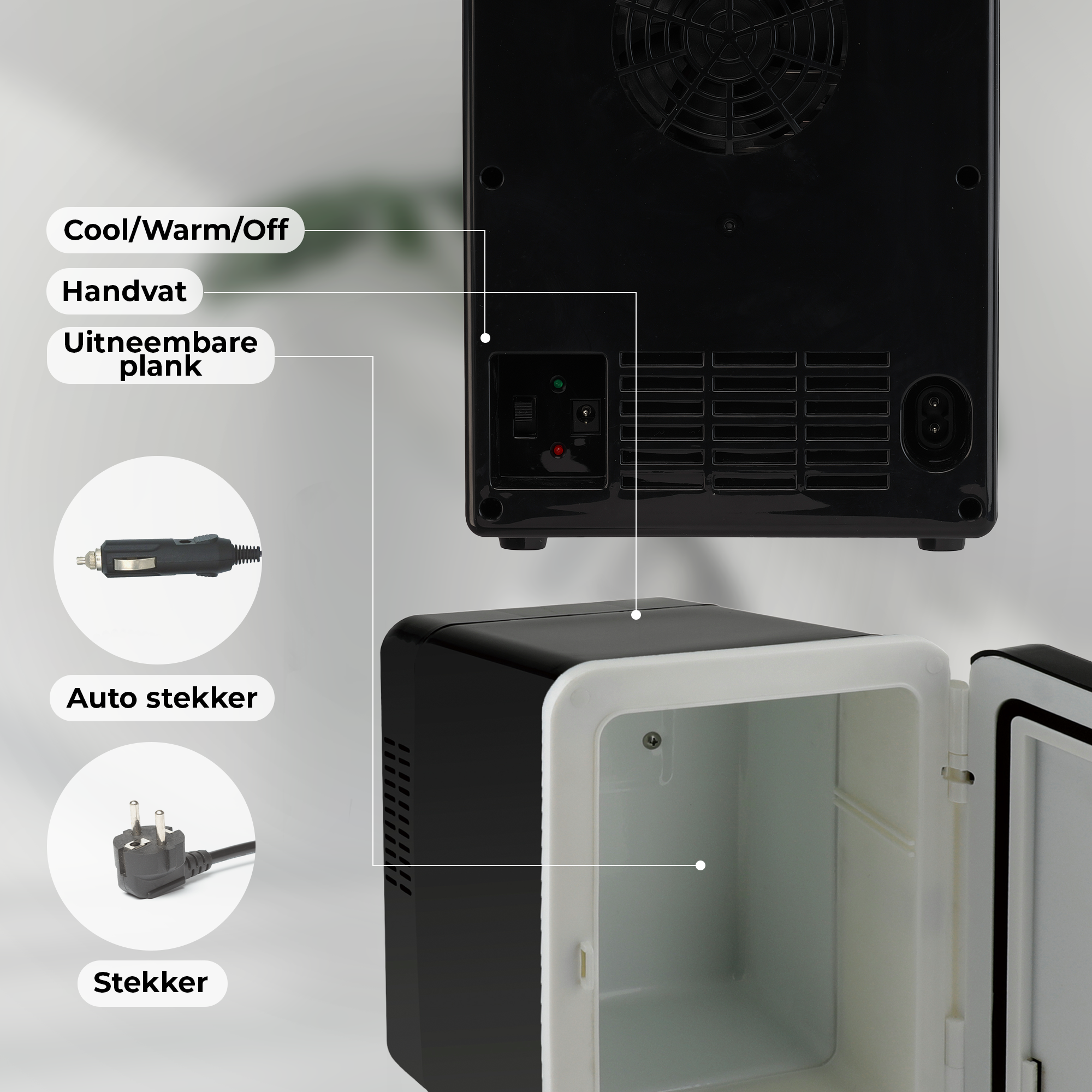 Un mini-frigo noir avec compartiment ouvert, prise secteur et adaptateur allume-cigare.