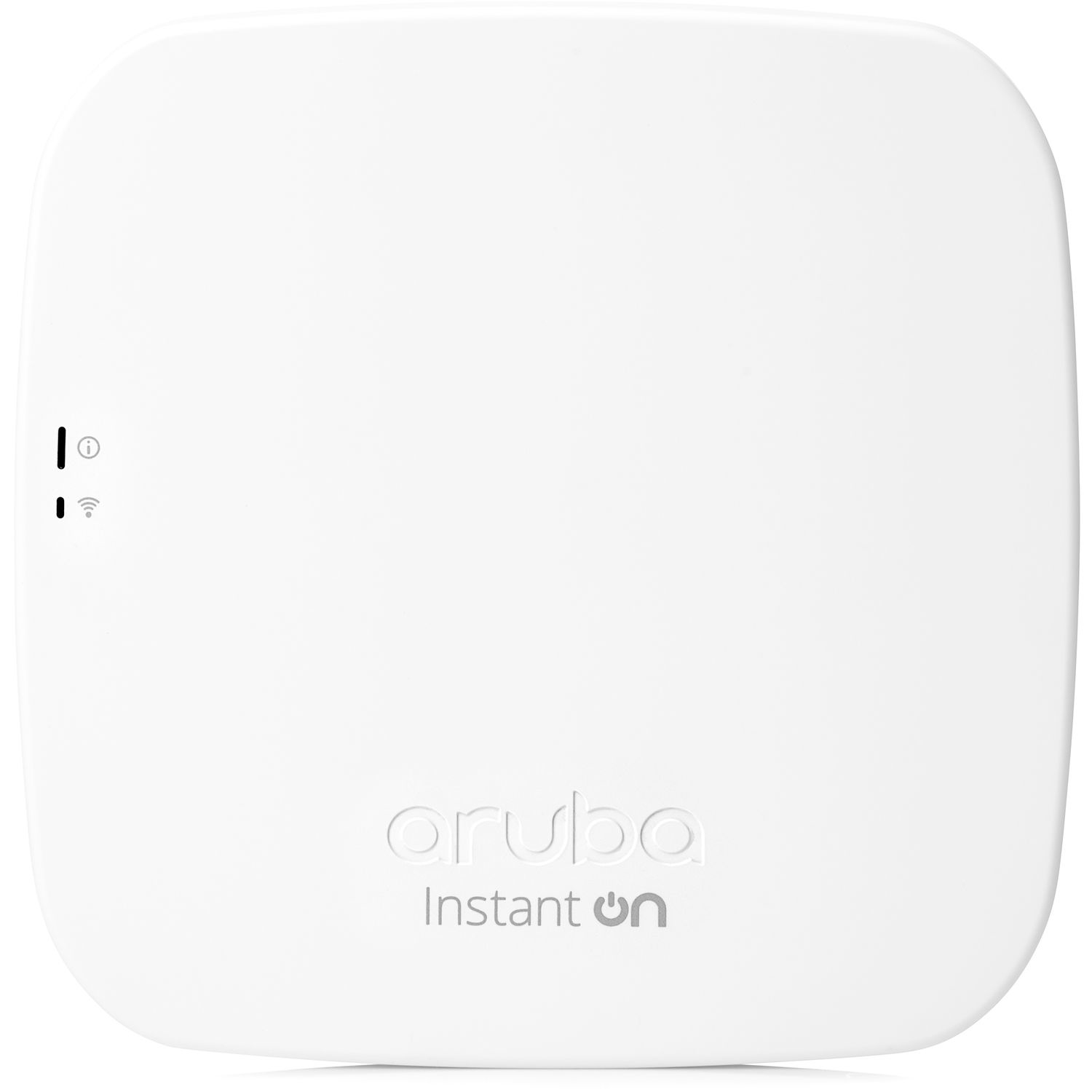 Weißes Aruba Instant On-Gerät mit Statusleuchten und WLAN-Symbol.
