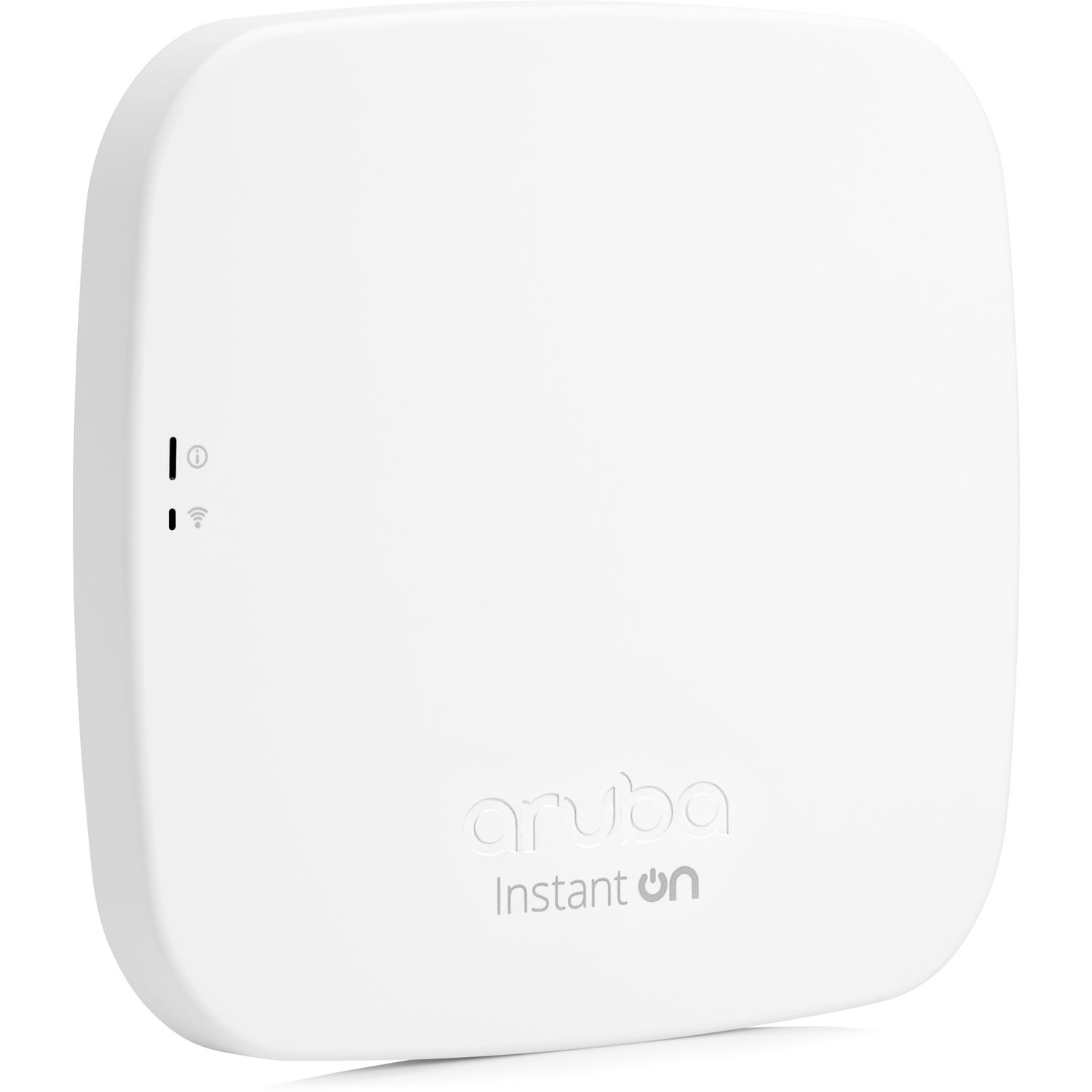 Ein weißer Aruba Instant On Access Point mit Statusleuchten und WLAN-Symbol.