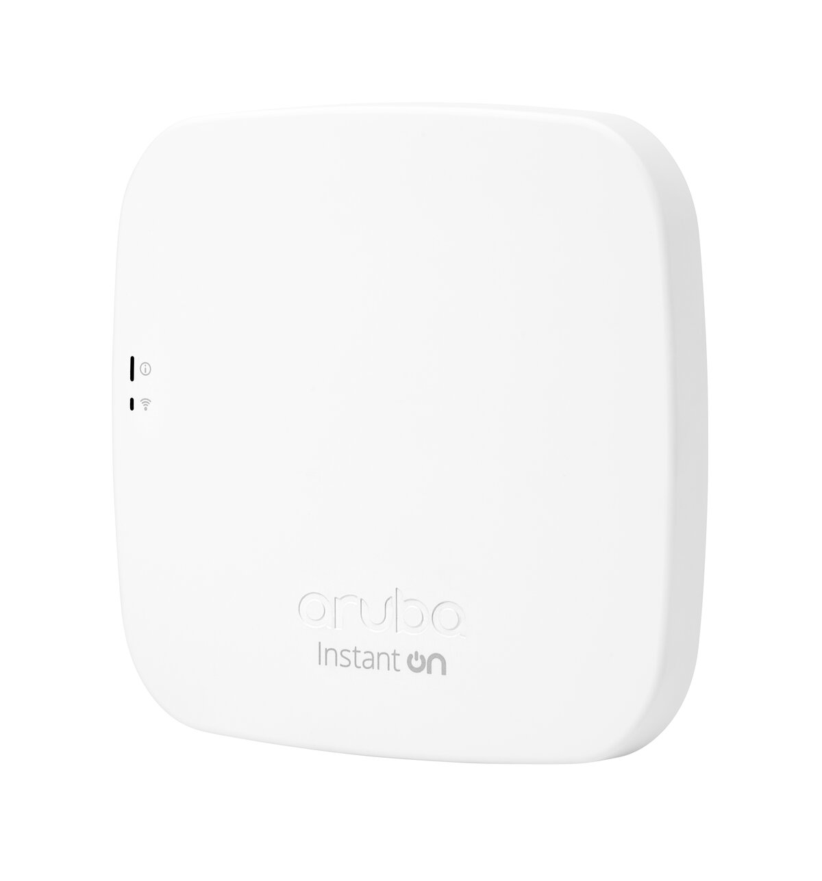 Ein weißer Aruba Instant On Router mit Indikatoren und Logo.