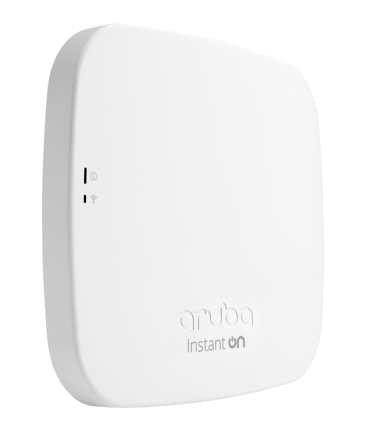 Ein weißer Aruba Instant On Access Point mit Status-LEDs und Logo.