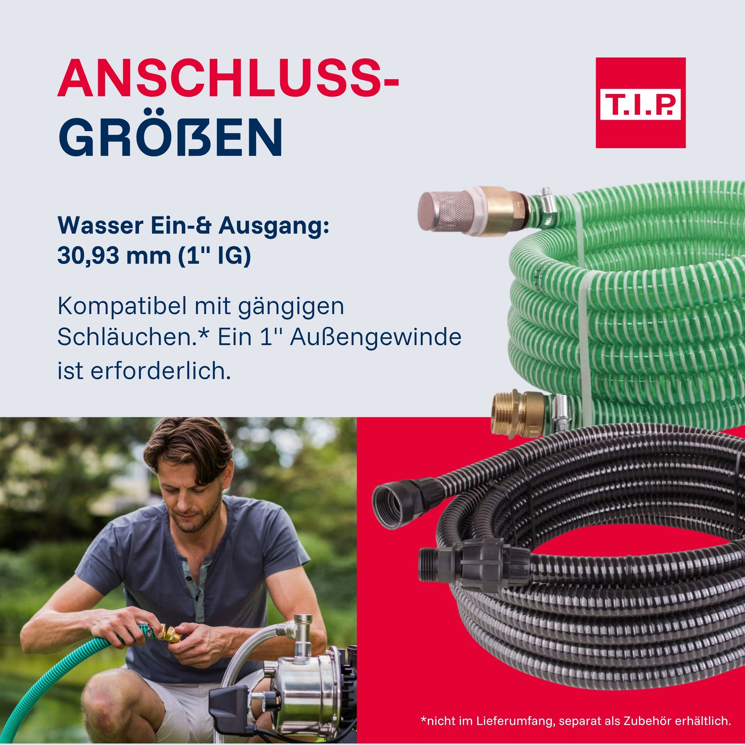 Grüne und schwarze Schläuche mit Anschlüssen, Mann verbindet eine Pumpe.