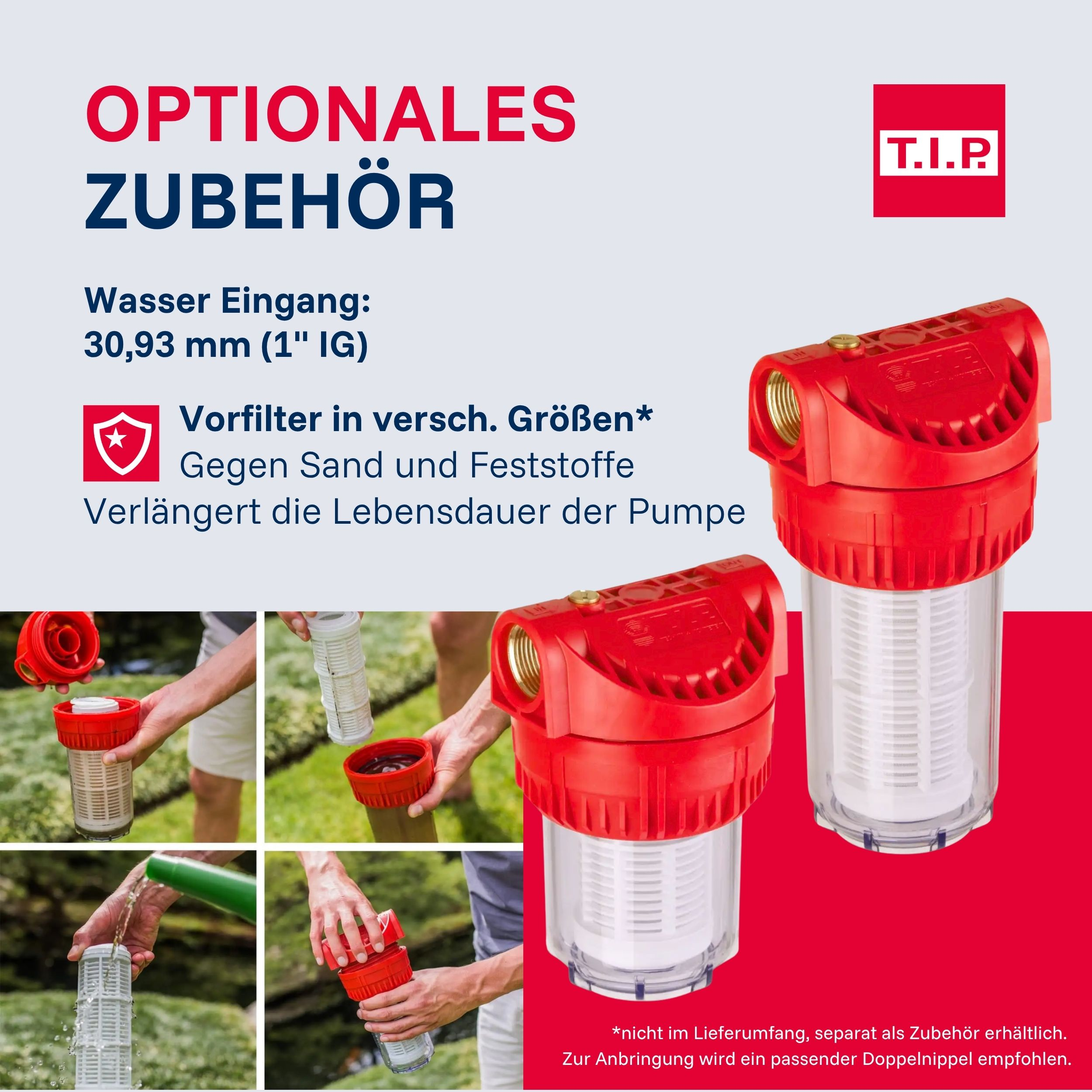 Roter Wasserfilter mit transparentem Gehäuse und weißem Filterelement, mit Montageanleitung.