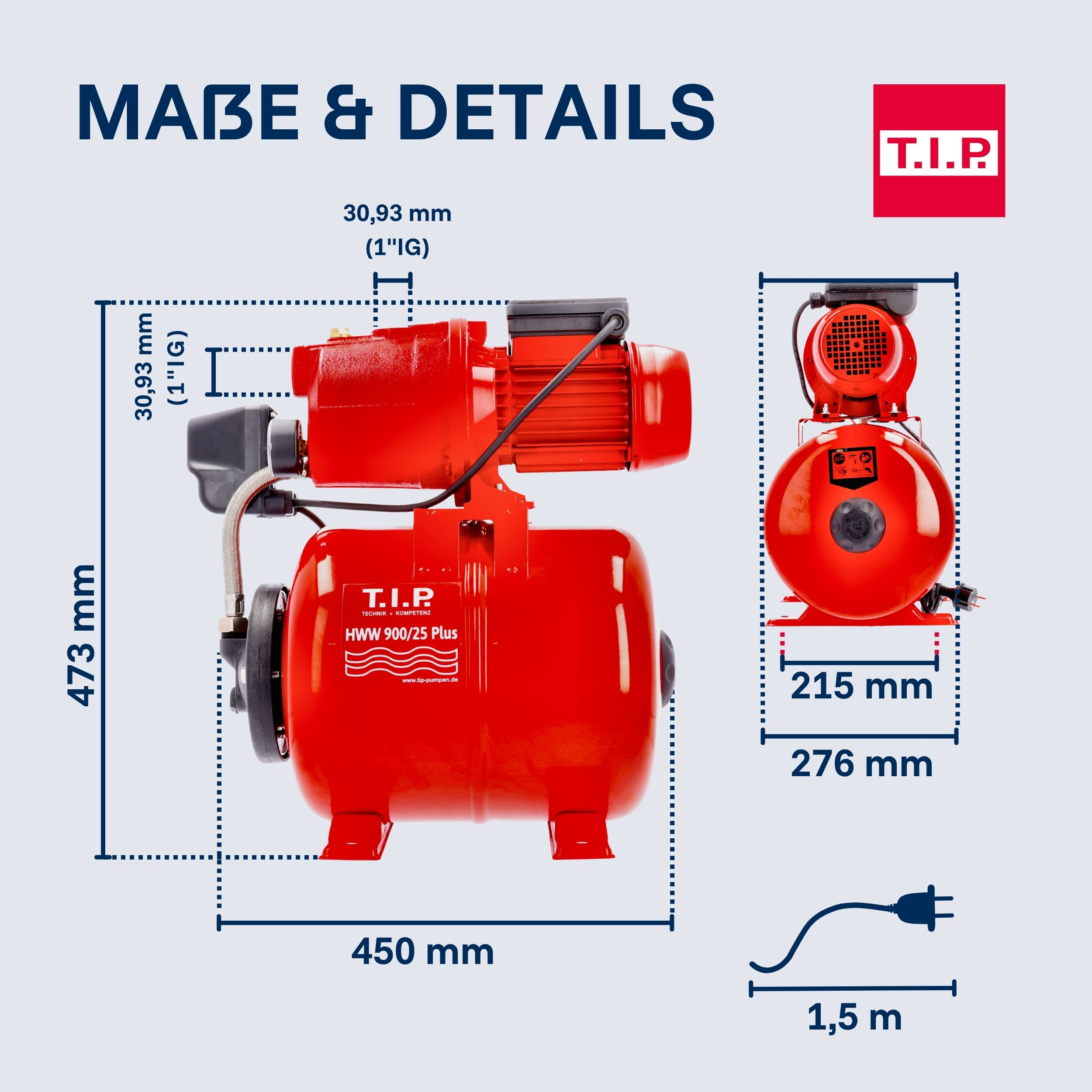 Rote Wasserpumpe mit detaillierten Maßen und dem T.I.P. Logo.