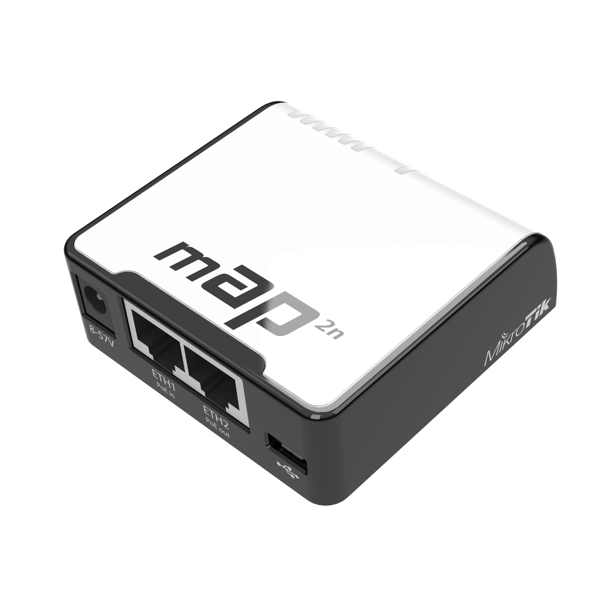 Ein weiß-schwarzer MikroTik Router mit Anschlüssen und Logo.