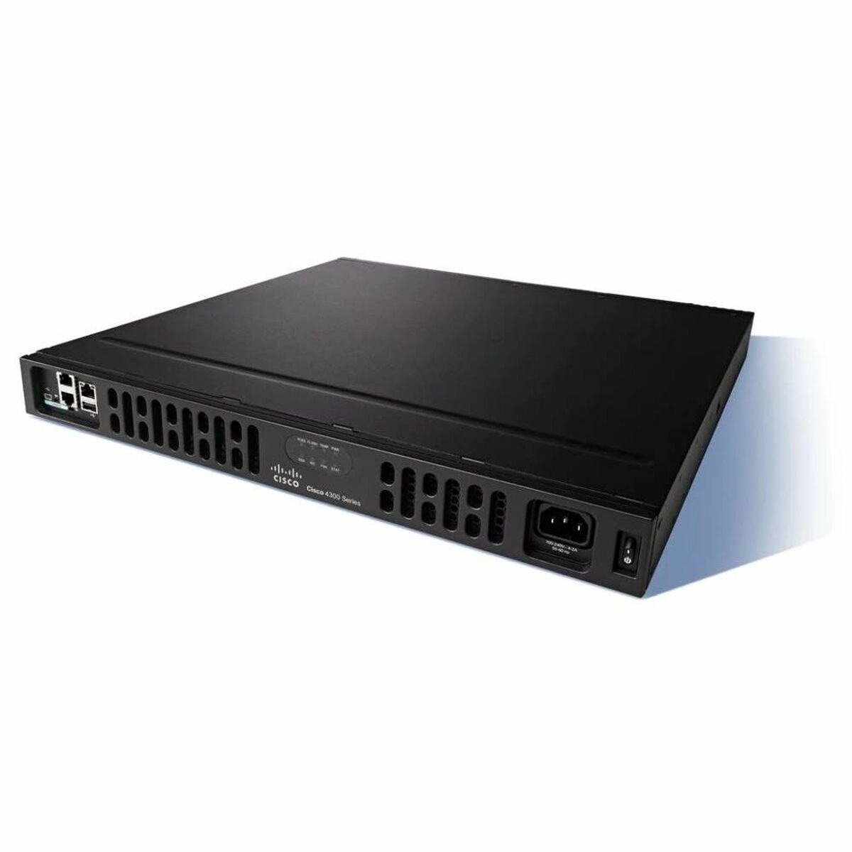 Schwarzer Cisco 4300 Series Router mit Anschlüssen und Netzteil.