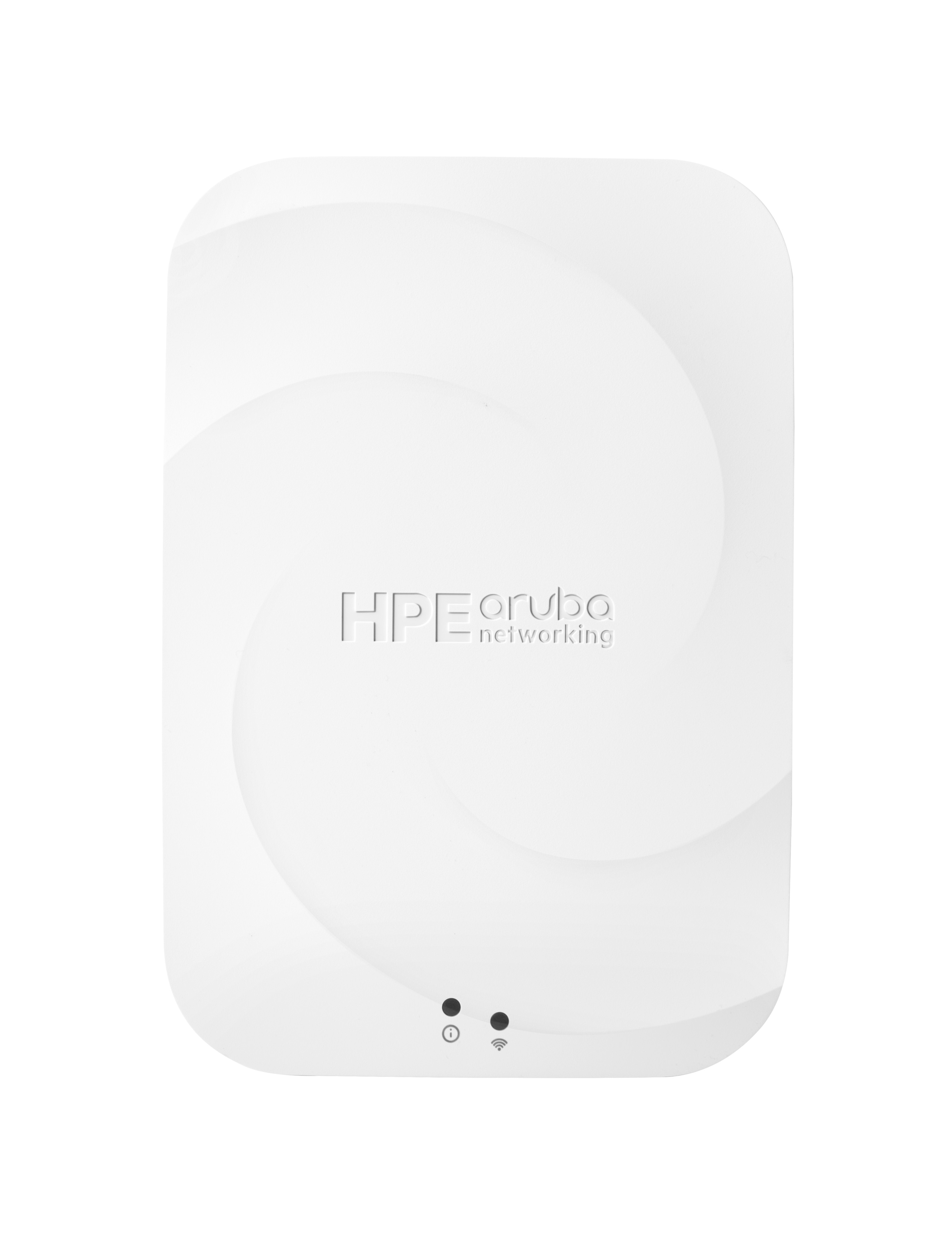 Białe urządzenie sieciowe HPE Aruba z dwoma małymi światłami na dole.