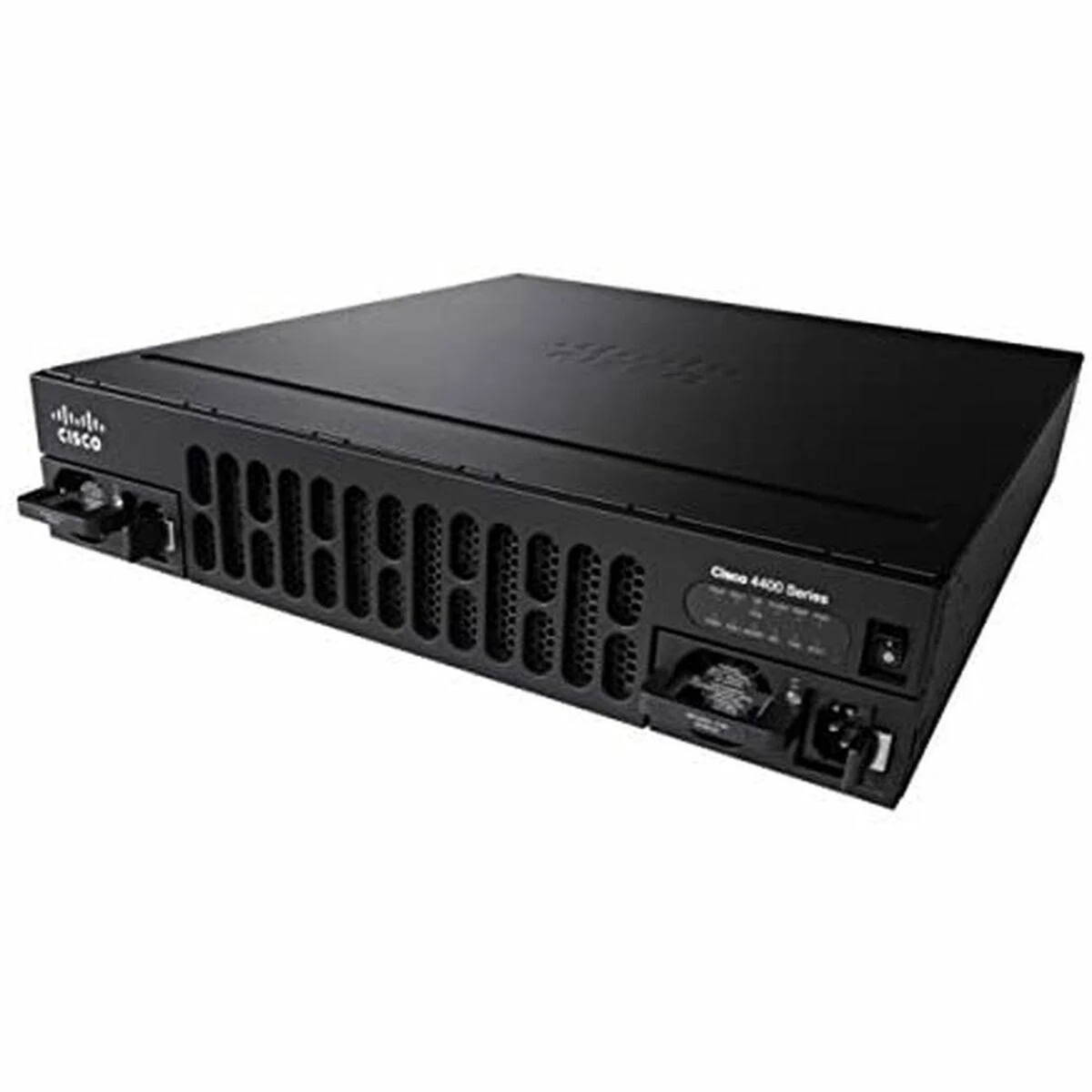Schwarzer Cisco 4400 Series Router mit Lüftungsschlitzen und Anschlüssen vorne.