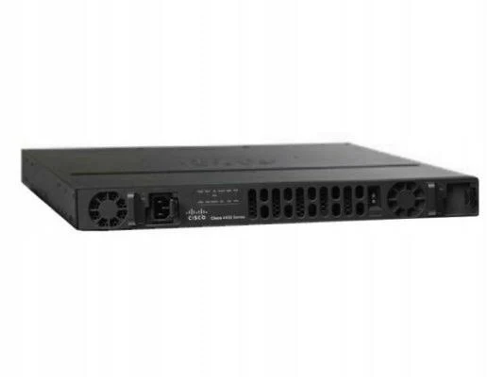 Schwarzer Cisco Router mit Lüftern und Anschlüssen auf der Rückseite.