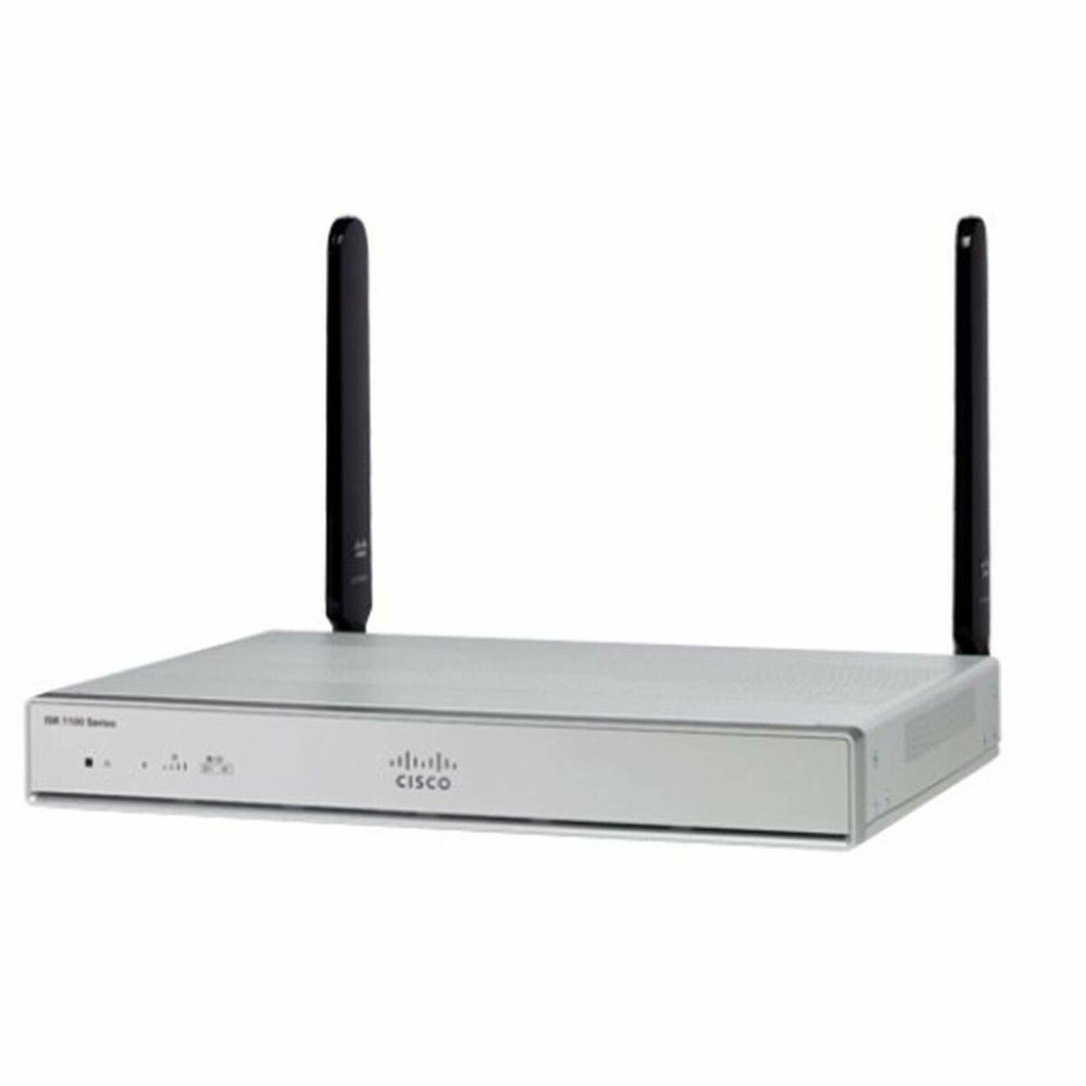 Silberner Cisco-Router mit zwei schwarzen Antennen auf weißem Hintergrund.