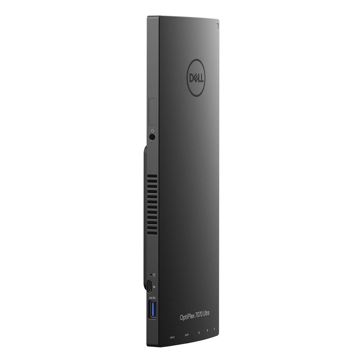 Czarny komputer Dell OptiPlex 7070 Ultra w orientacji pionowej z portami.