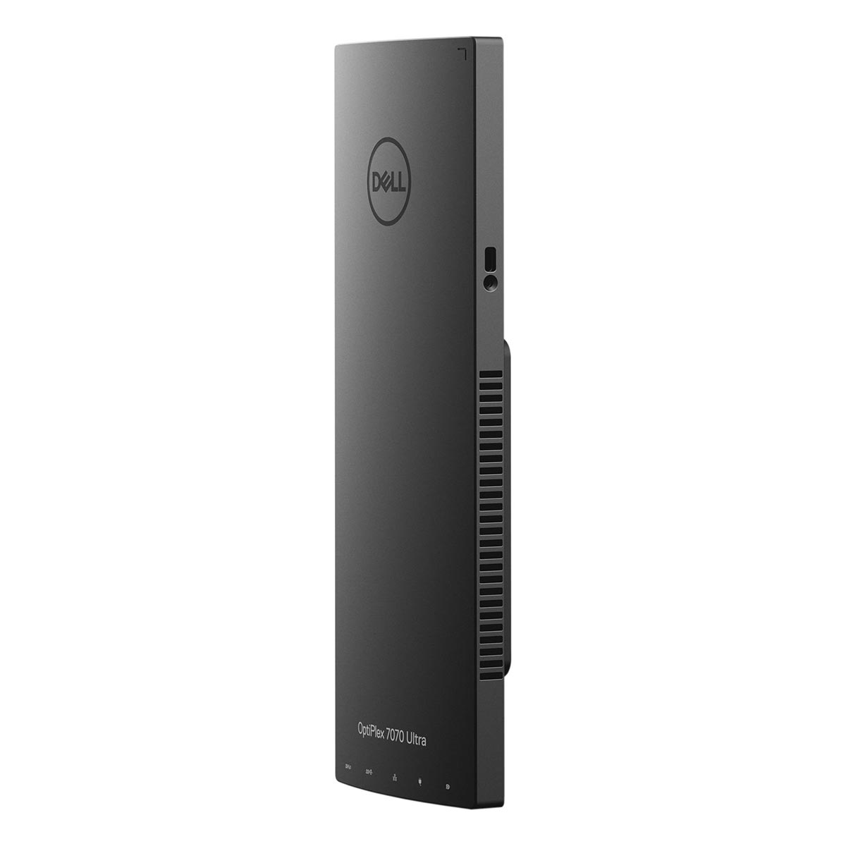 Smukła, czarna obudowa komputera Dell OptiPlex 7070 Ultra z otworami wentylacyjnymi i logo Dell.