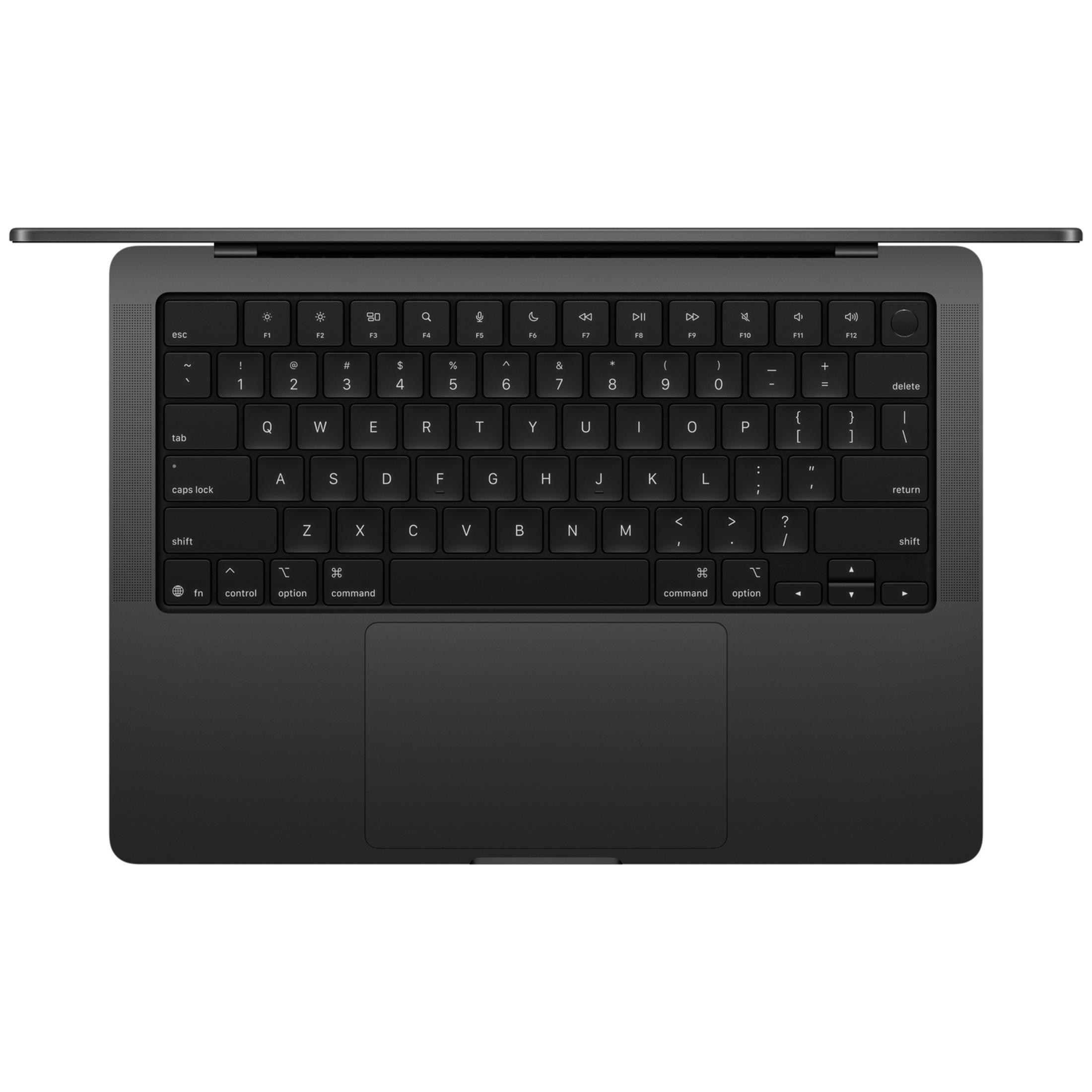 Ein dunkles MacBook mit geöffnetem Deckel, Tastatur und Touchpad sichtbar.