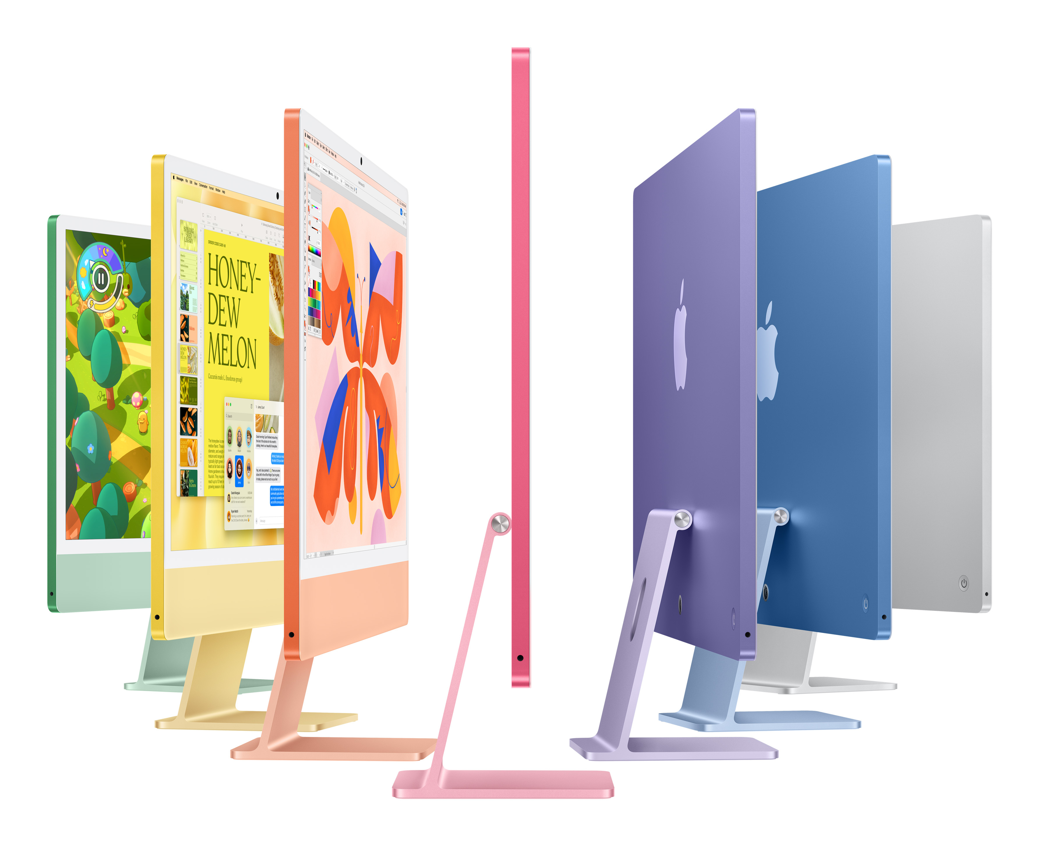 Una fila di iMac colorati: verde, giallo, arancione, rosa, viola, blu e argento.