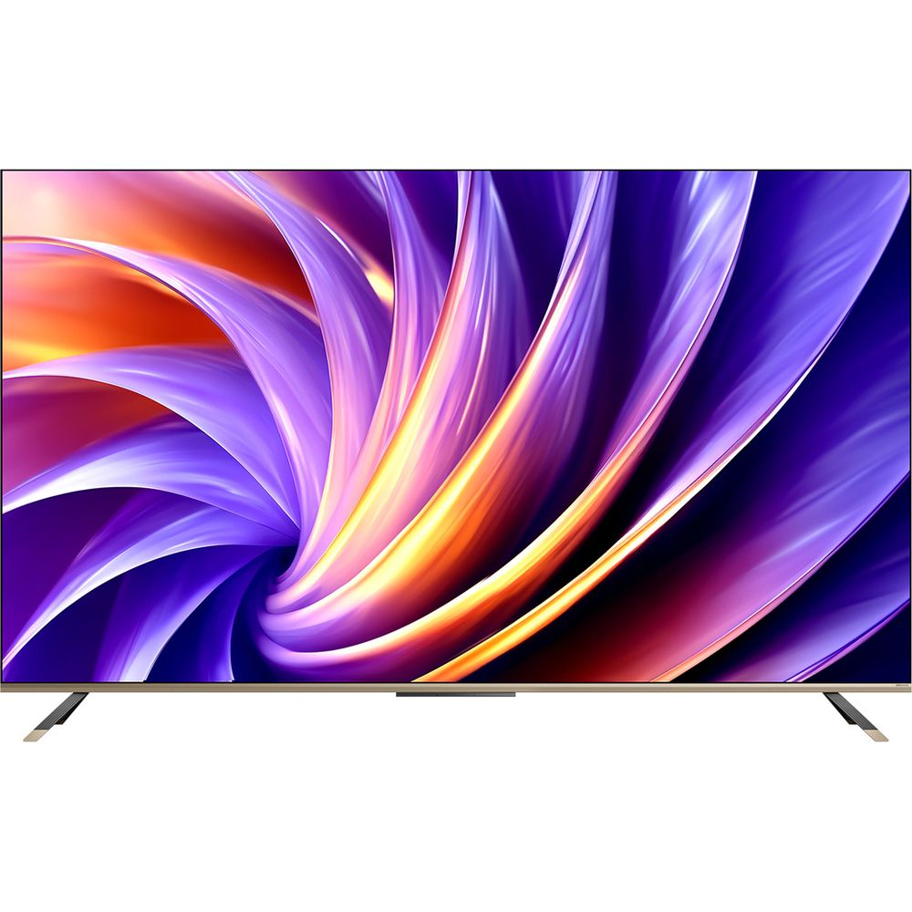 Un televisor moderno con un protector de pantalla abstracto y vibrante en tonos morados y naranjas.