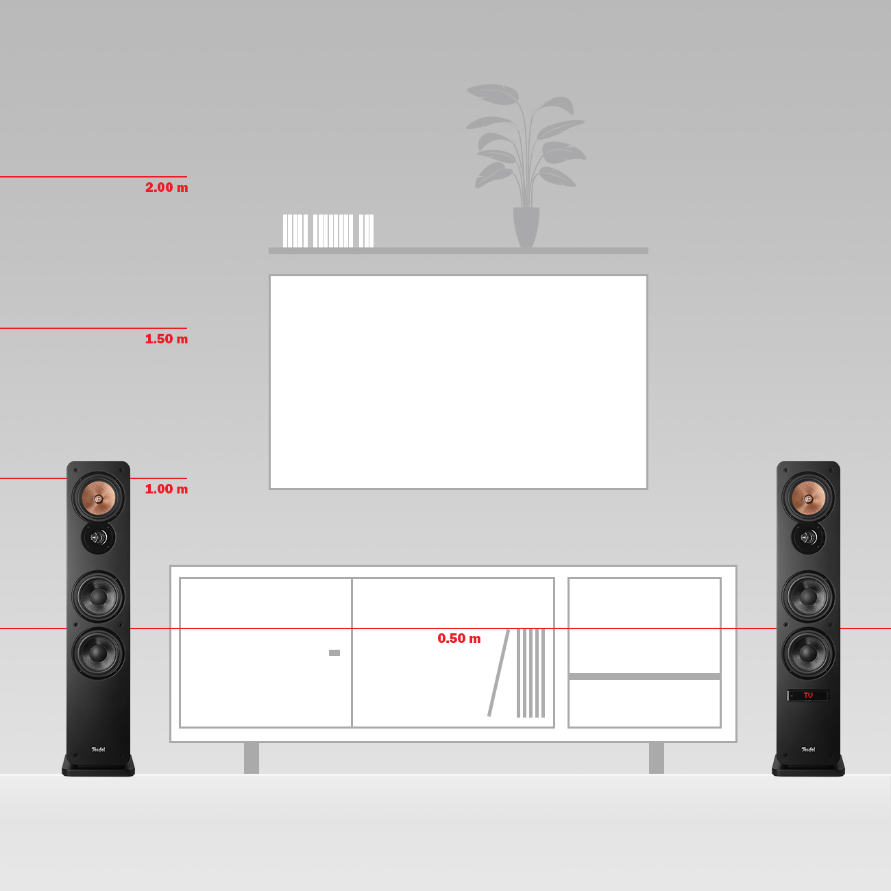 Zwei schwarze Lautsprecher stehen neben einem TV-Möbel mit einem Fernseher und einer Pflanze.