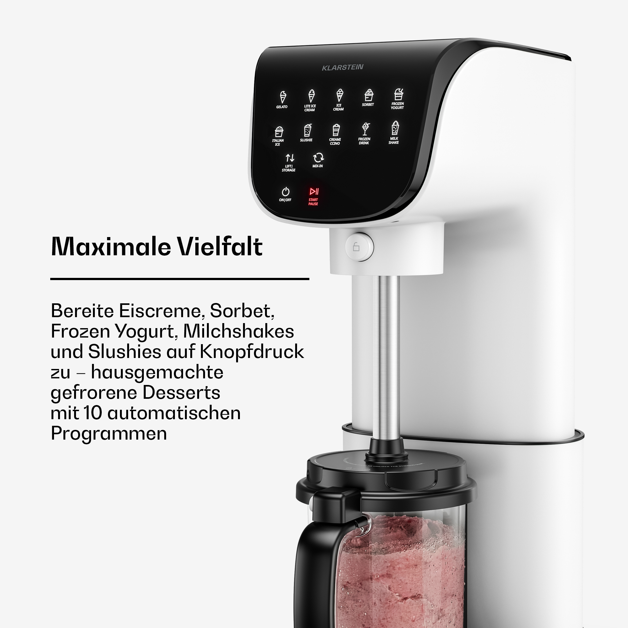 Ein weißer Eisbereiter mit Touchscreen-Bedienfeld zeigt verschiedene Dessertprogramme an.