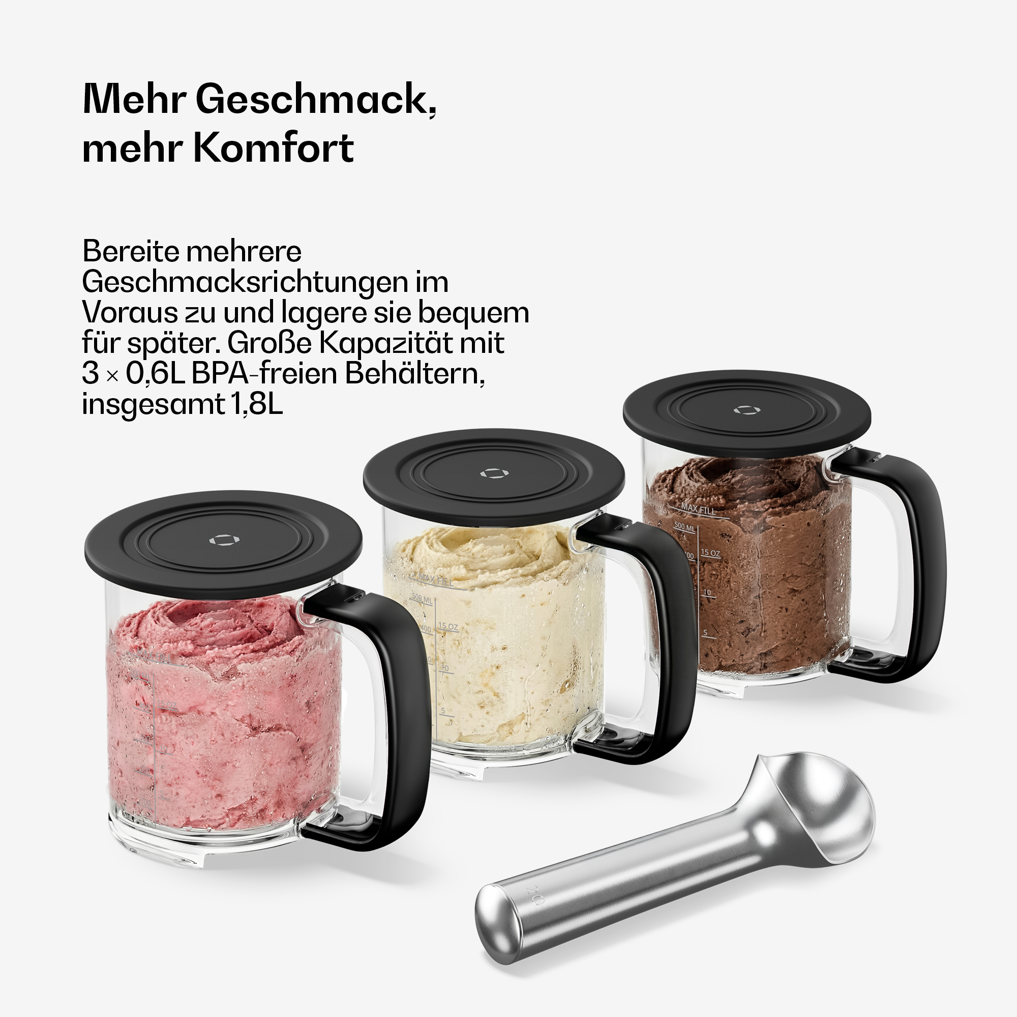 Drei BPA-freie Behälter mit Griffen und schwarzen Deckeln, gefüllt mit rosa, cremiger und brauner Masse.