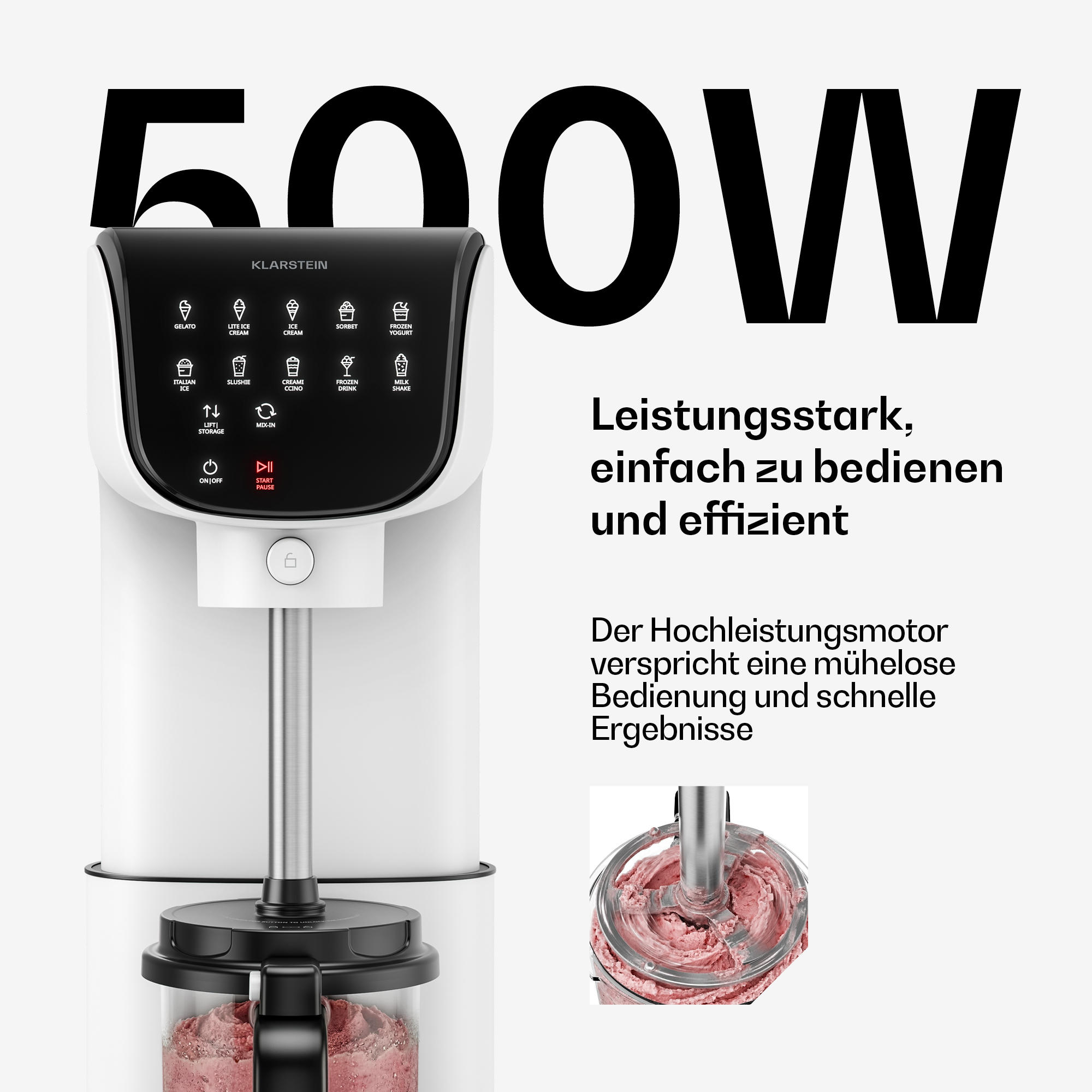 Ein Klarstein Küchengerät mit verschiedenen Eis- und Getränkeoptionen, 500W Leistung.
