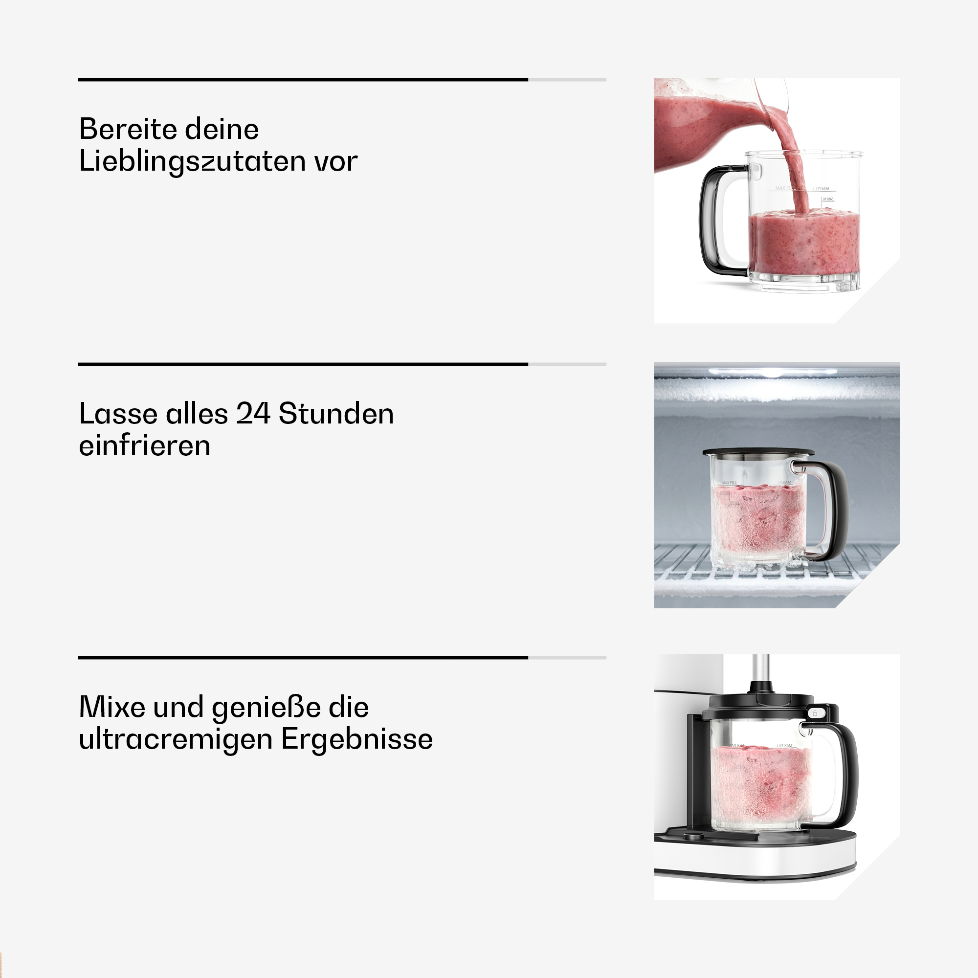 Ein Mixer-Behälter wird mit einer roten Masse gefüllt, dann in einem Gefrierschrank und dann in einem Mixer.
