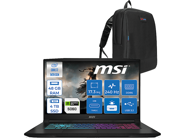 MSI Katana 17 HX 8GB RTX5060 115W QHD 240Hz IPS W215XTRF15 Intel Core i7-14650HX 48 GB RAM 4 TB SSD 17,3 inç FreeDOS Laptop+Çanta Siyah