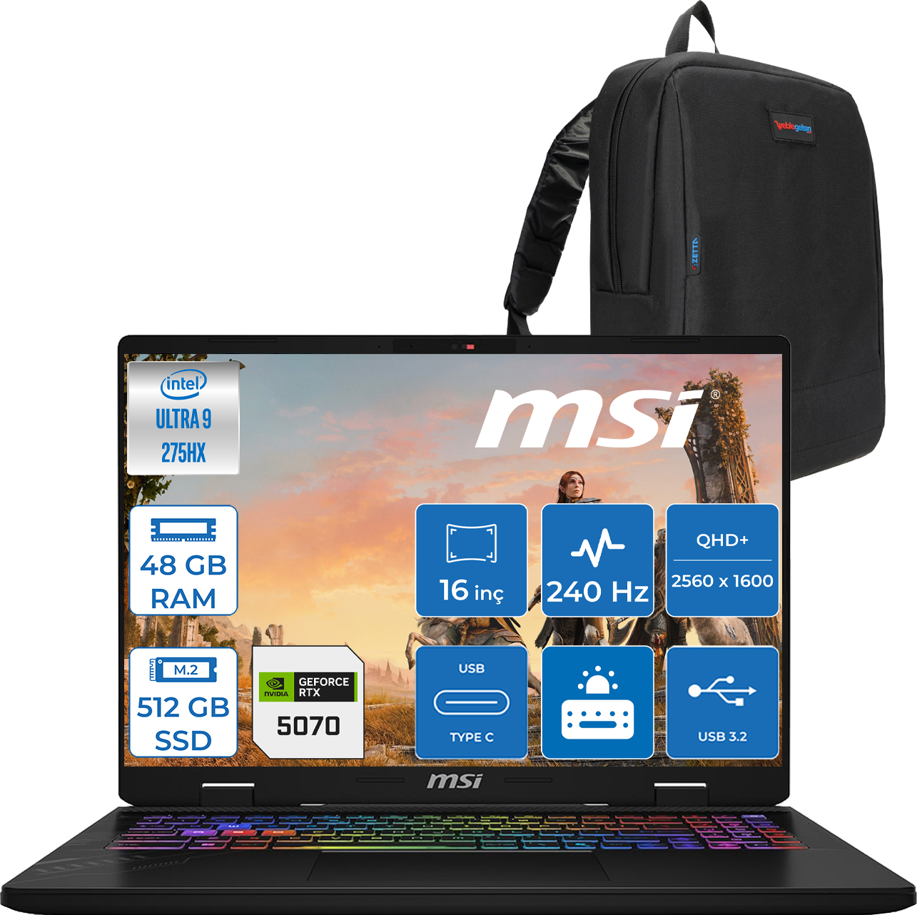 RGB klavyeli ve özellikler ekranlı siyah MSI oyuncu dizüstü bilgisayarı. Arkasında siyah sırt çantası.