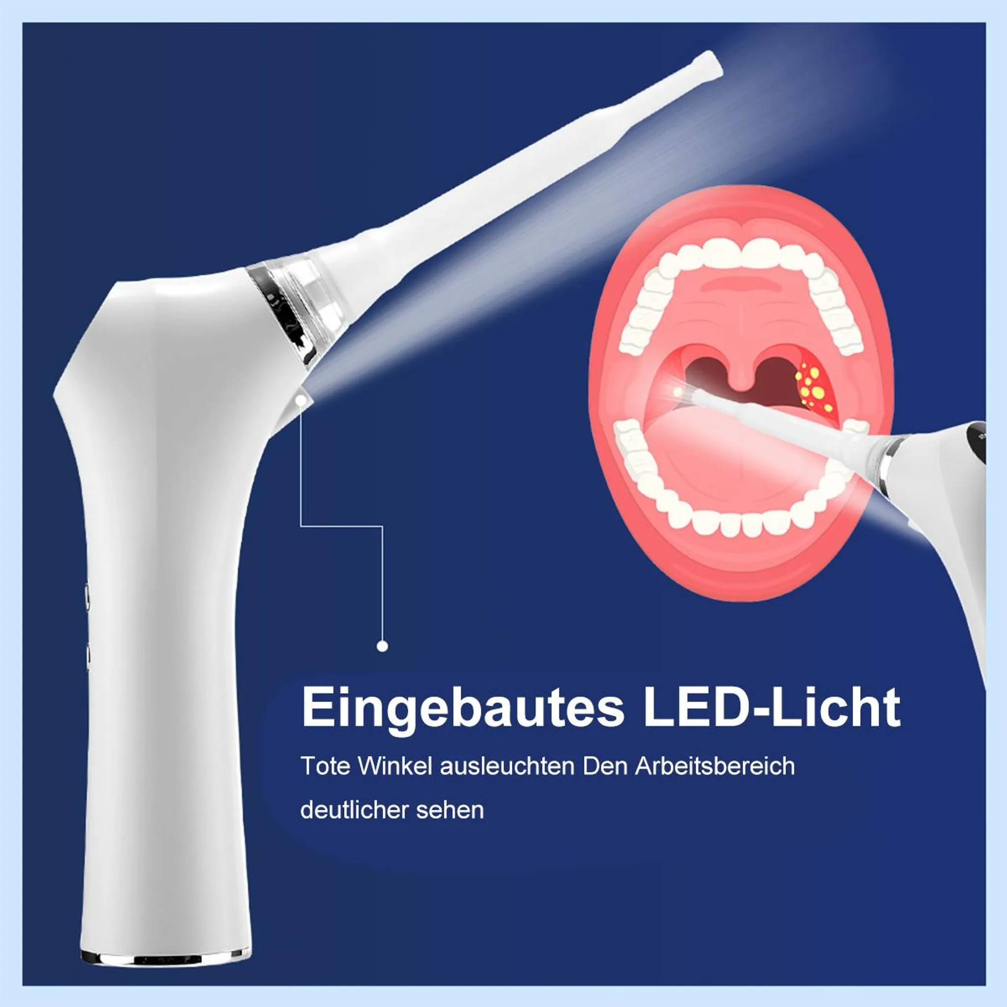 Ein weißes Dental-Werkzeug mit LED-Licht leuchtet in einen Mund mit Zähnen und Mandeln.