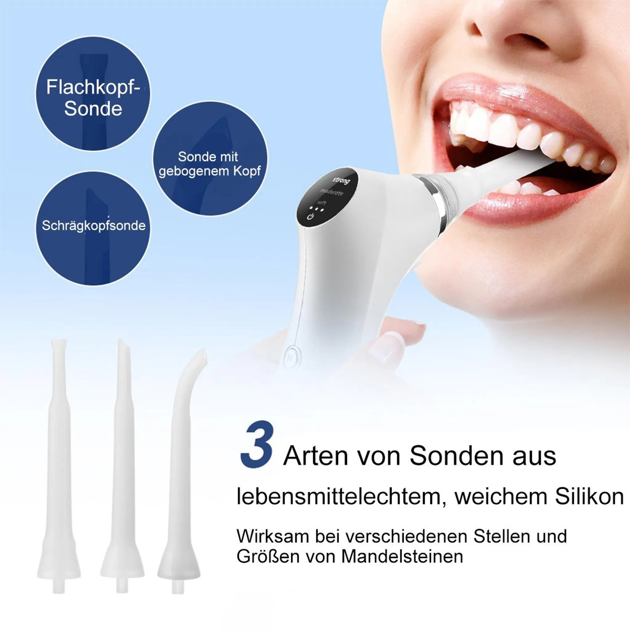 Nahaufnahme einer Frau, die ein zahnmedizinisches Gerät benutzt. Drei Sonden sind abgebildet.