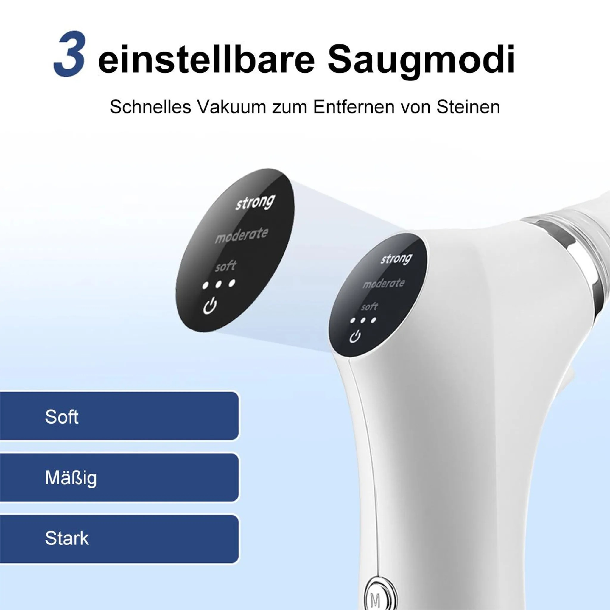 Ein weißes Gerät mit drei Saugmodi: Soft, Mäßig und Stark.