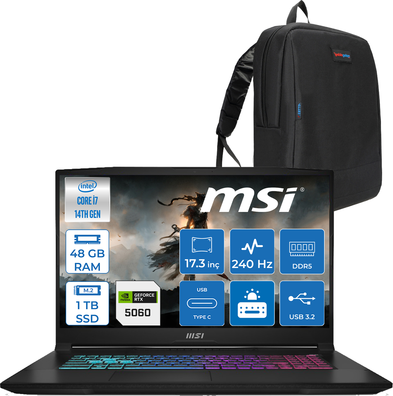 Intel Core i7, 48 GB RAM, 1 TB SSD, RTX 5060 ve sırt çantalı siyah MSI oyuncu dizüstü bilgisayarı.