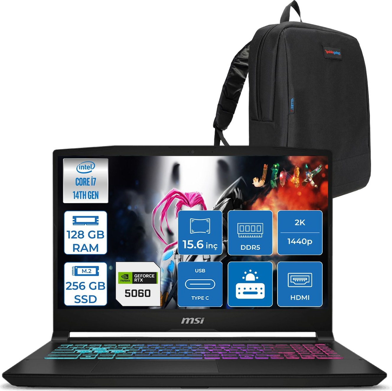 Intel Core i7 14. Nesil, 128 GB RAM, 256 GB SSD ve RTX 5060'lı dizüstü bilgisayar, yanında sırt çantası.