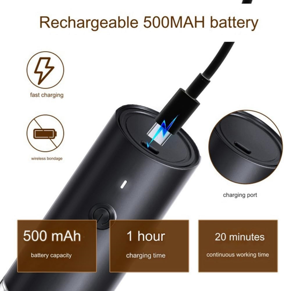 Schwarzer Akku mit Ladeanschluss, 500 mAh Kapazität, 1 Std Ladezeit.