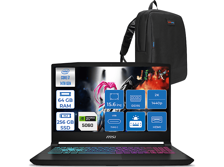 MSI Katana 15 HX 8GB RTX5060 115W QHD 165Hz IPS W449XTRF16 Intel Core i7-14650HX 64 GB RAM 256 GB SSD 15,6 inç FreeDOS Laptop+Çanta Siyah