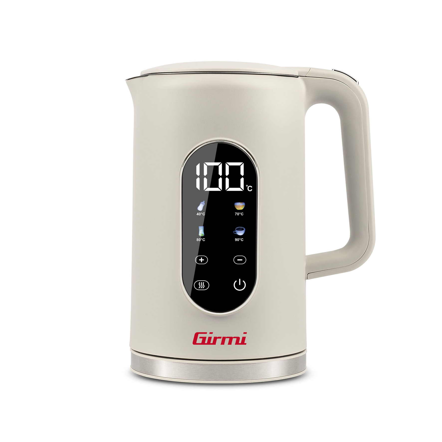 Beige Girmi Wasserkocher mit digitaler Temperaturanzeige auf 100°C.
