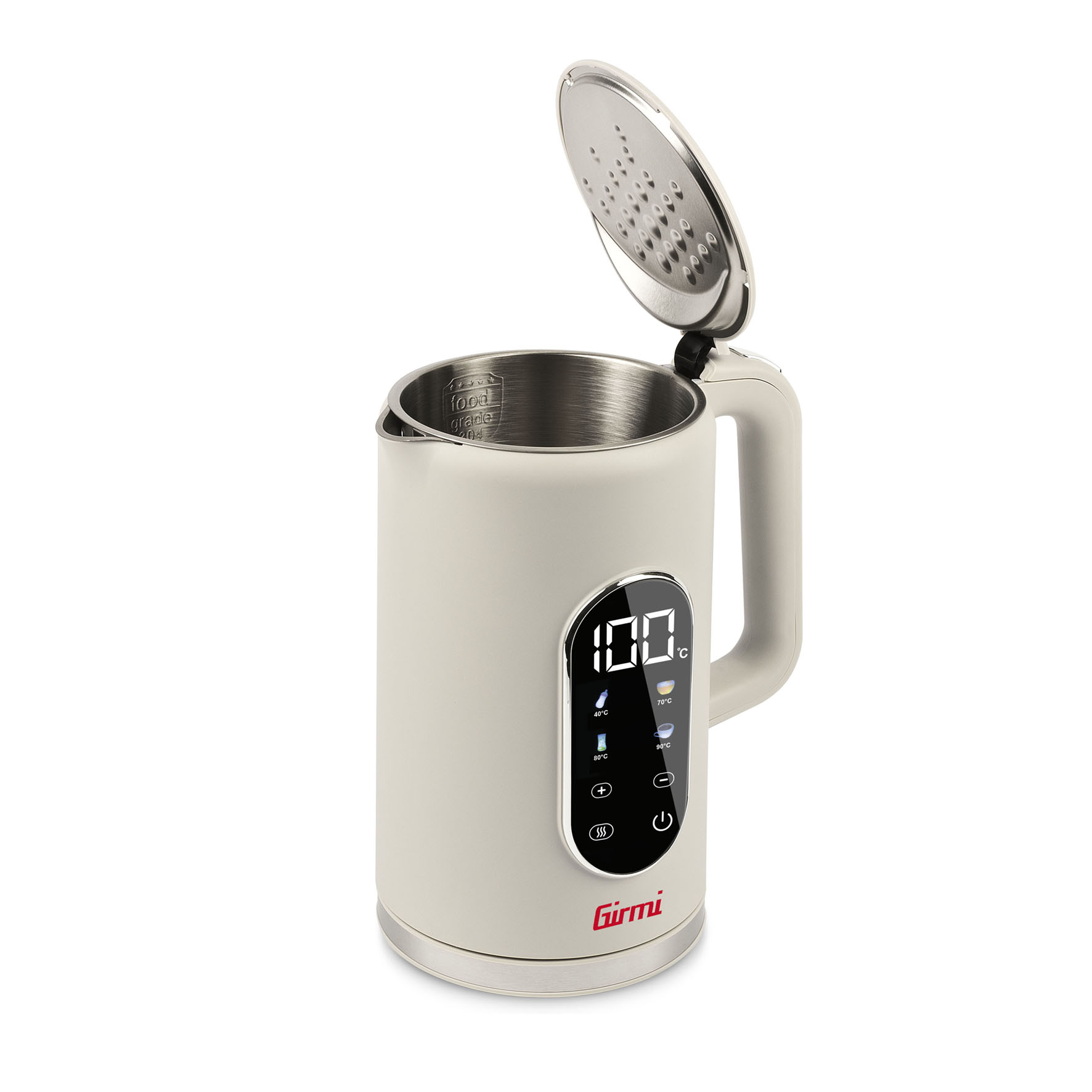 Ein beiger Wasserkocher mit offenem Deckel und digitaler Anzeige von 100°C.