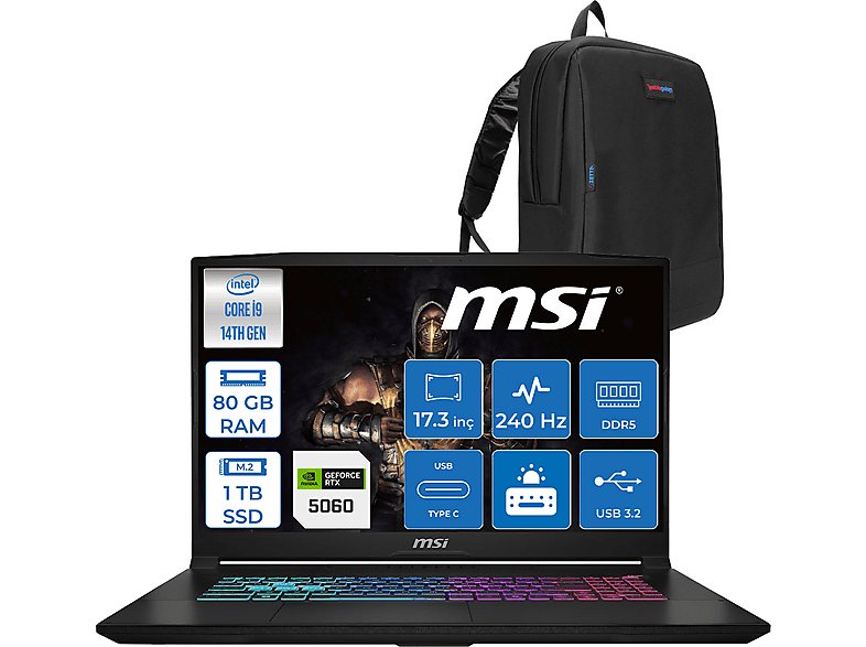 MSI Katana 17 HX 8GB RTX5060 115W QHD 240Hz IPS W217TRF23 Intel Core i9-14900HX 80 GB RAM 1 TB SSD 17,3 inç FreeDOS Laptop+Çanta Siyah