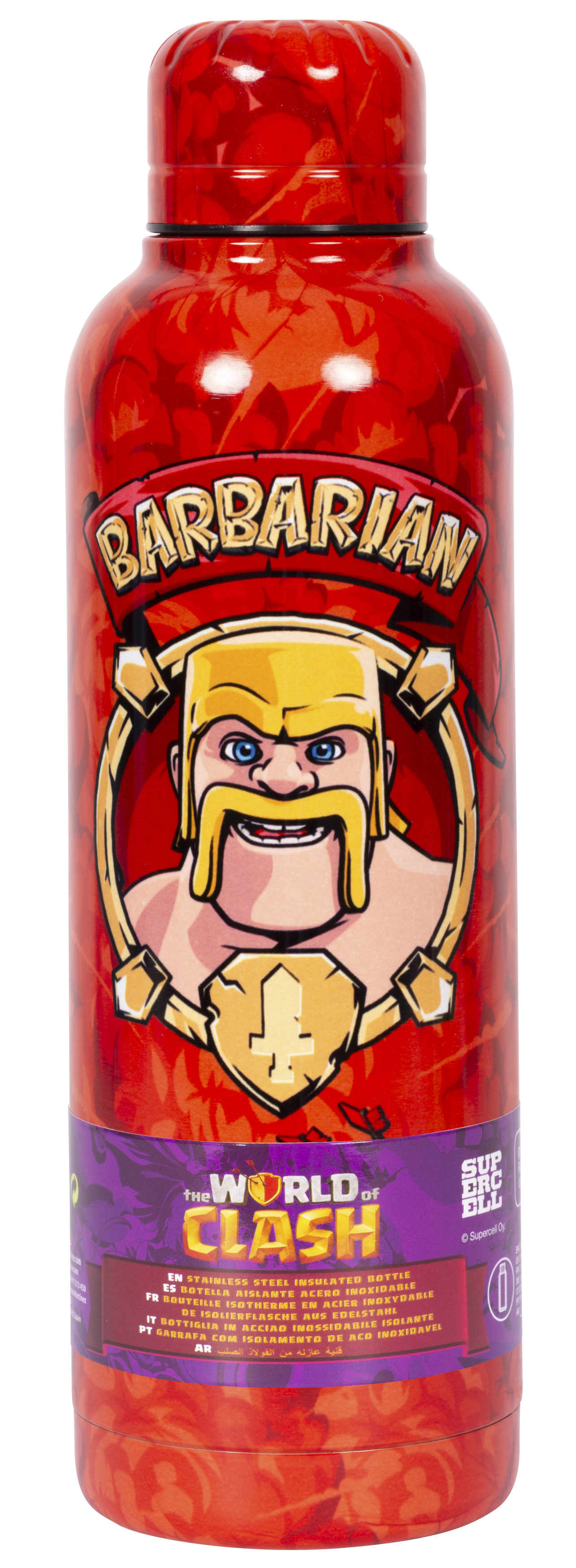 Rote Flasche mit Clash of Clans Barbaren-Motiv und Text.