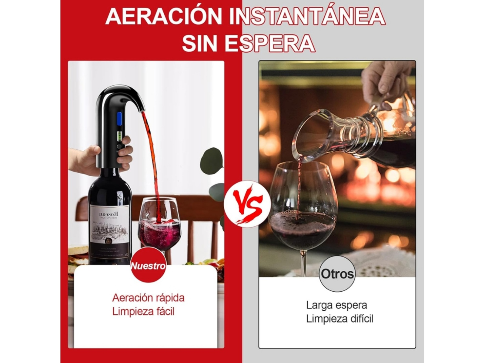 Ein schwarzer Weinbelüfter pumpt Rotwein in ein Glas. Daneben wird Wein dekantiert.