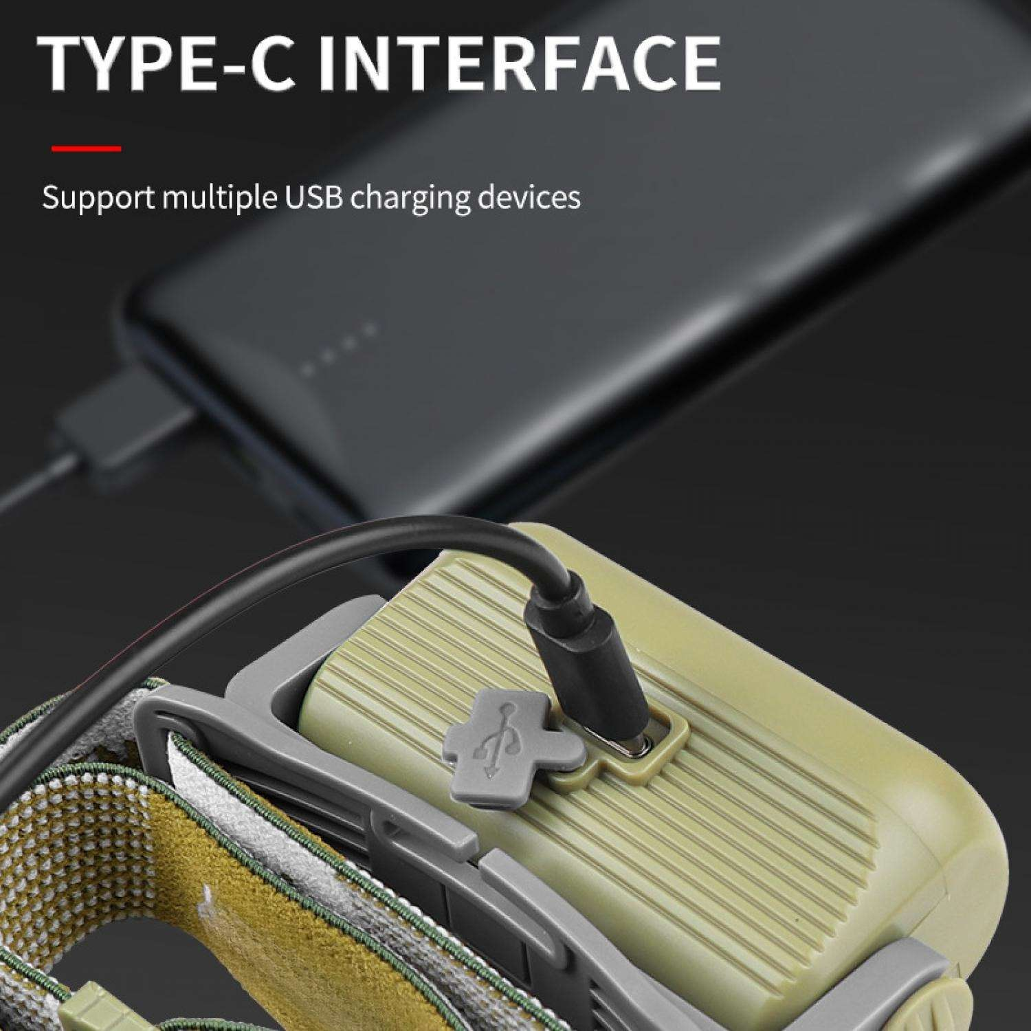 Typ-C-Schnittstelle lädt ein Gerät mit USB-Kabel. Text: TYPE-C INTERFACE.