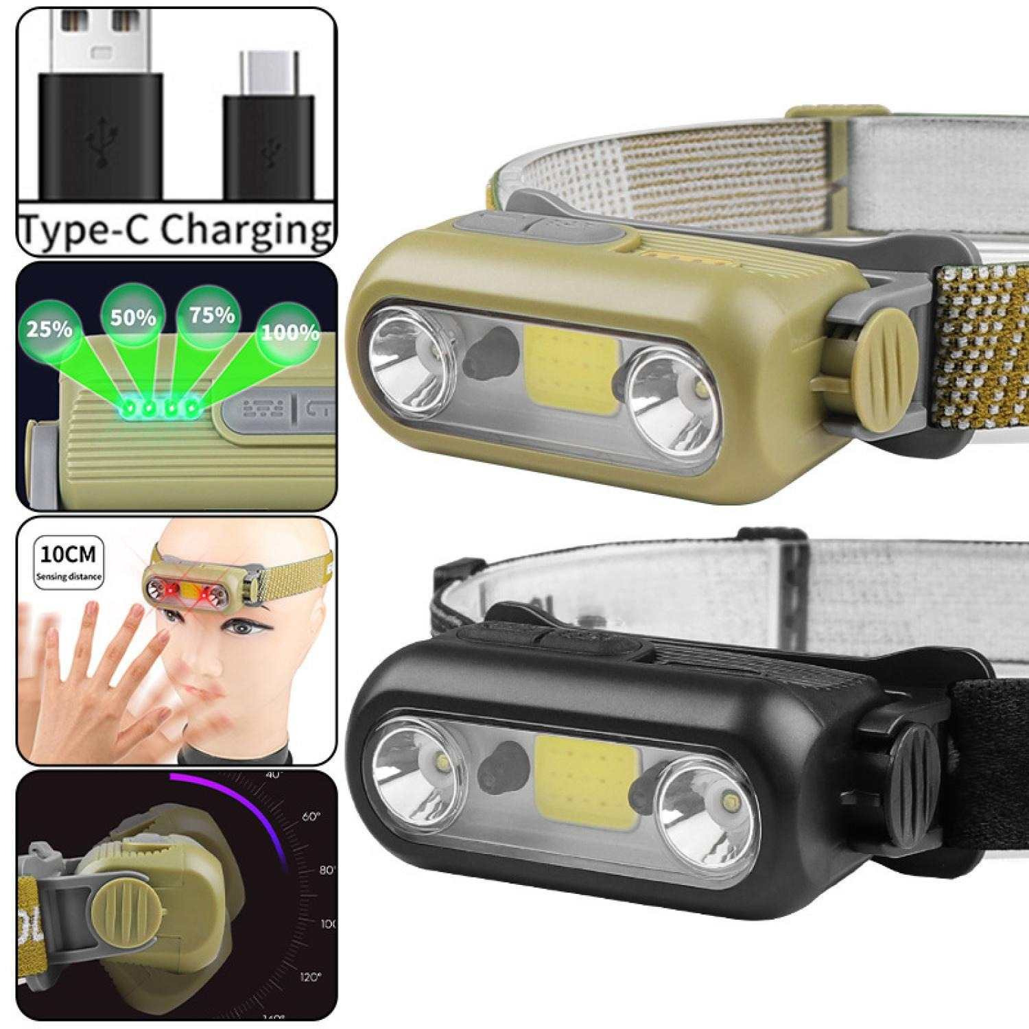Zwei Stirnlampen, eine gelb, eine schwarz, mit Typ-C-Ladeanzeige und Sensor.