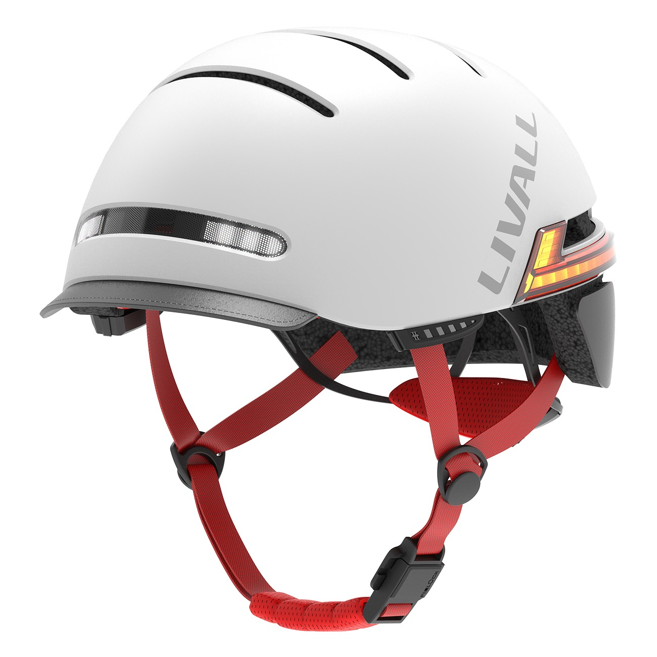 Weißer Fahrradhelm mit roten Riemen und integrierten Blinkleuchten hinten.