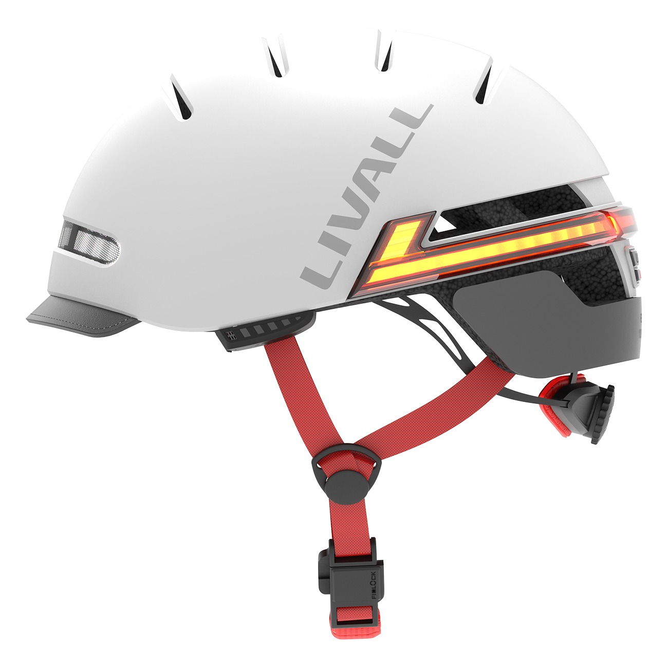 Weißer Helm mit roten Gurten und gelben LED-Blinkern auf der Rückseite.