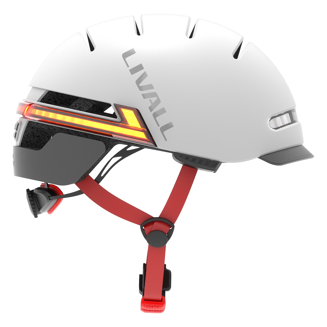 Weißer Fahrradhelm mit roten Gurten und hellgelben hinteren LED-Leuchten.