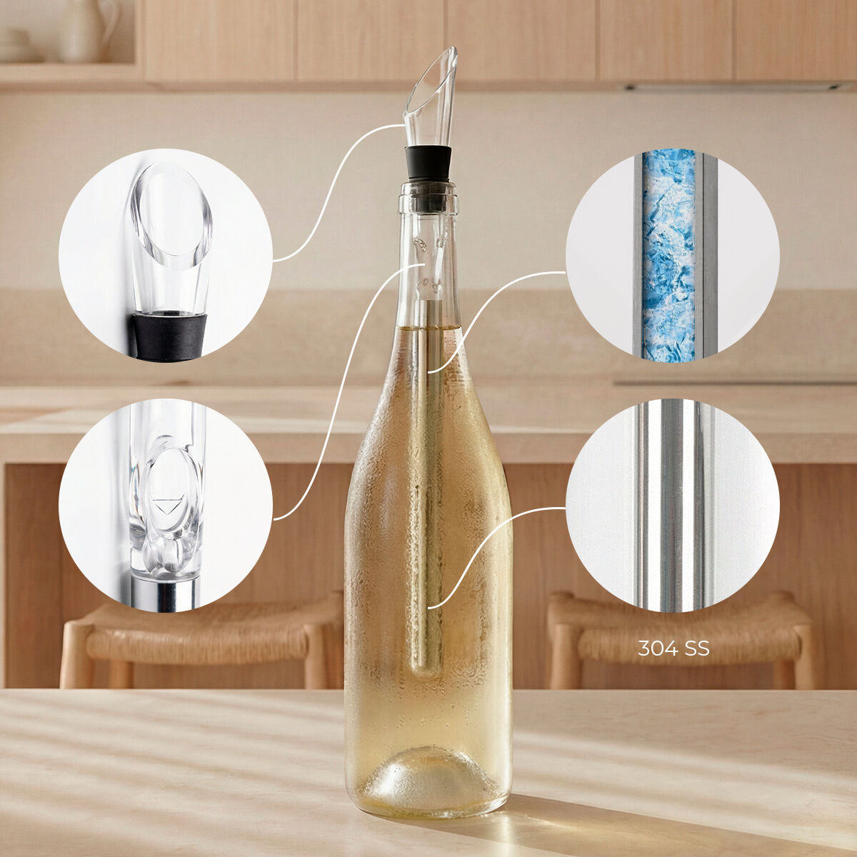 Ein Weinkühler mit Aufsätzen, der auf einem Tisch steht.