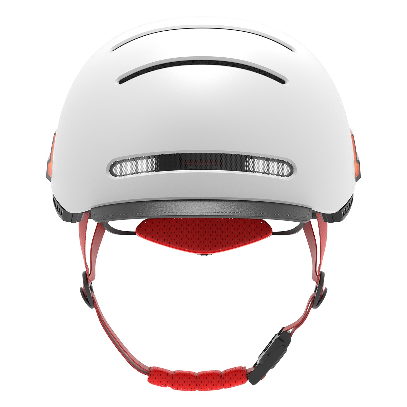 Ein weißer Fahrradhelm mit roten Riemen und Polstern, schwarzer Lüftung.